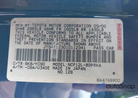 2001 Toyota Echo from USA, damaged, VIN JTDAT123010112341